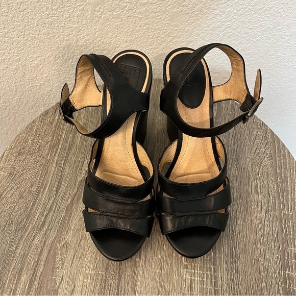 Frye Alexa Seam 2 Piece Black Brown Leather Platform Wedge Sandal Heels- Size 9 - Picture 2 of 16